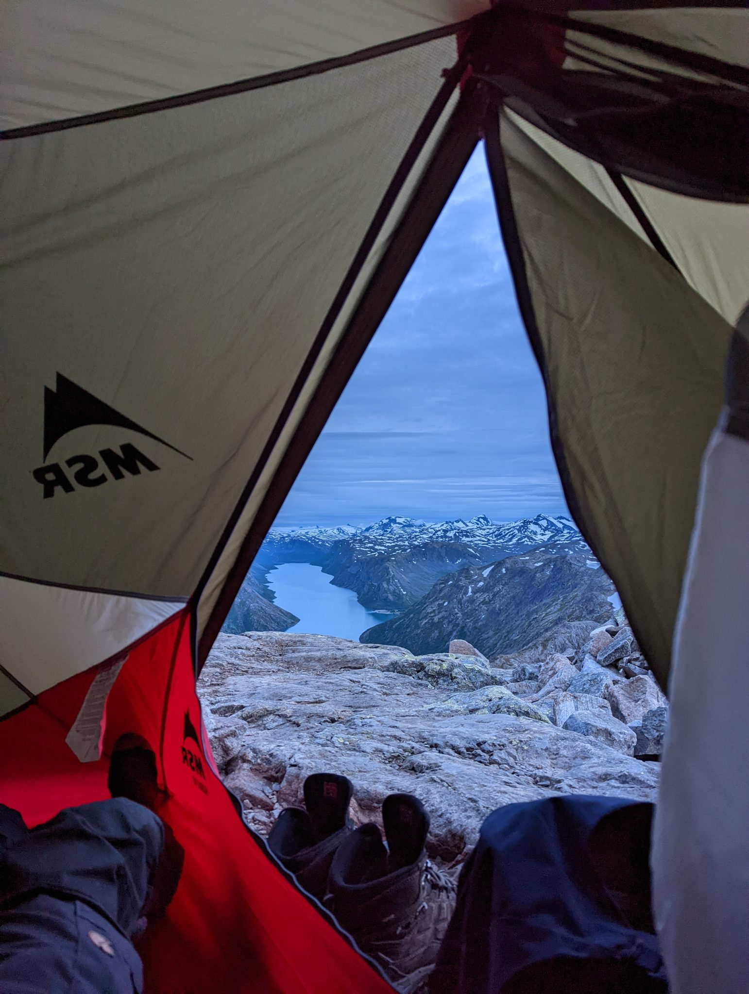 The same view but now from within the tent, at dusk